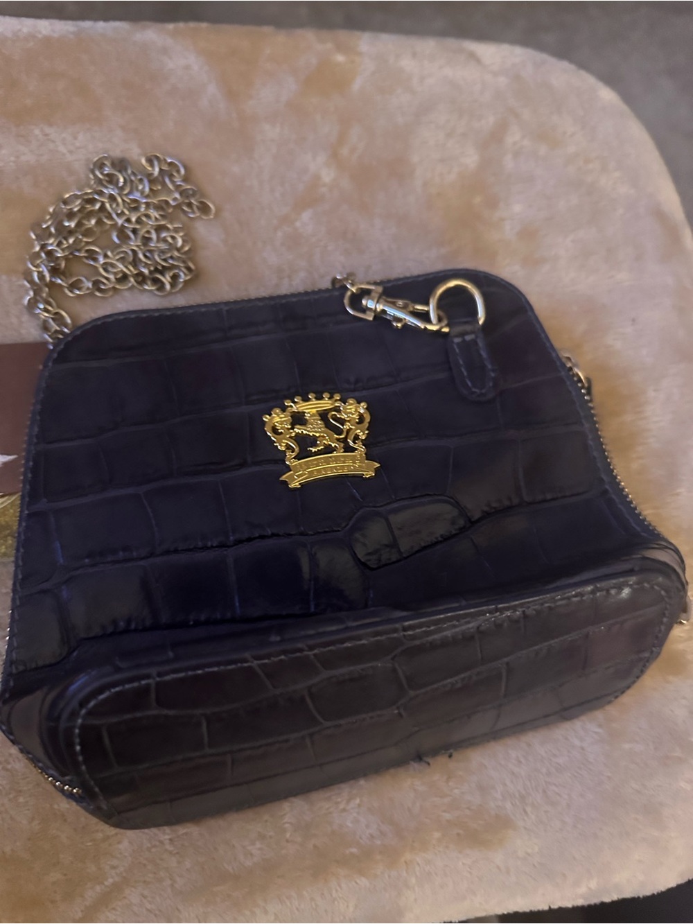 Pratesi Firenze Italian Leather Croc Embossed Crossbody Bag Gold Chain NWT Tags